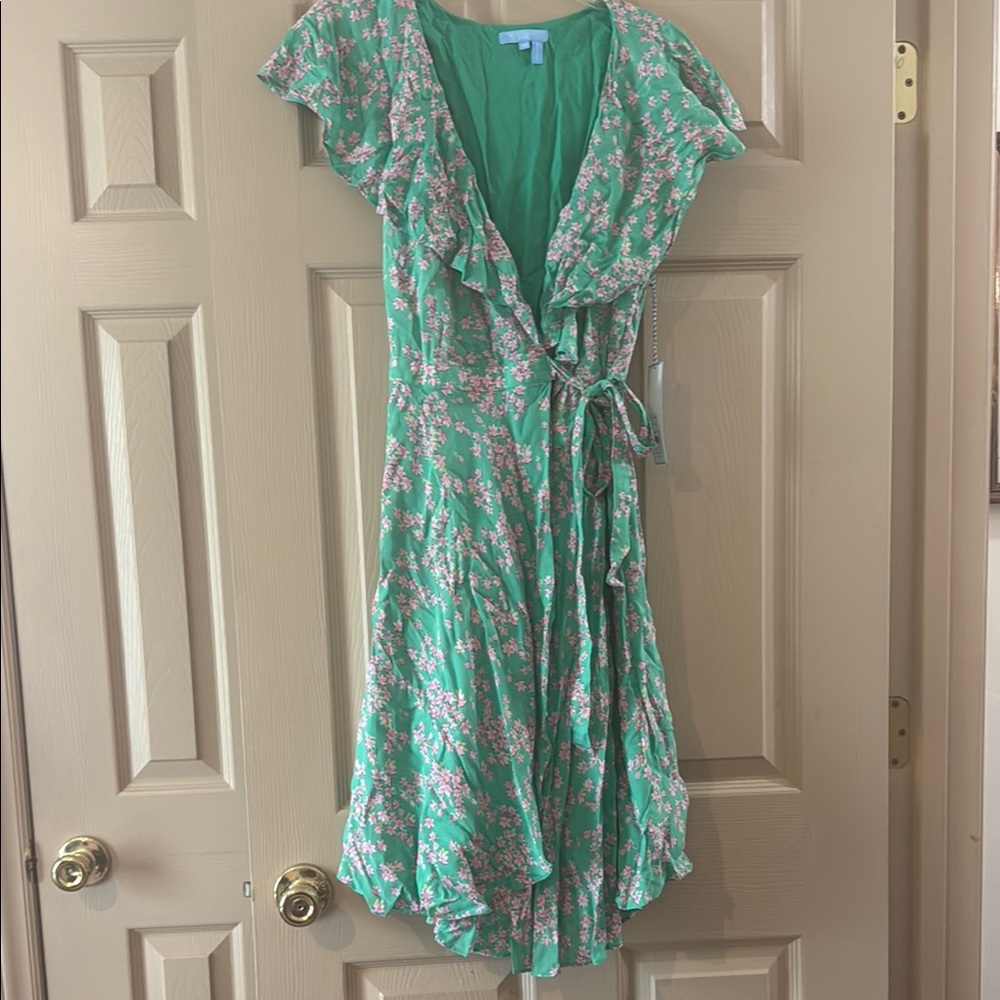 Draper James Green and White Ruffled Wrap Midi Dress